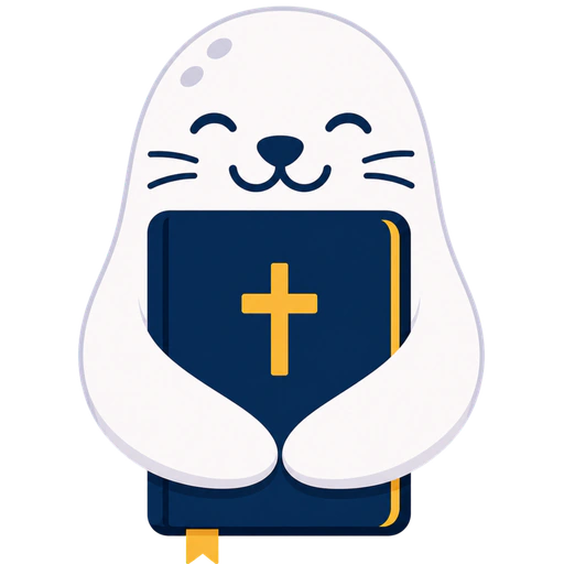 Bible Seal mascot holding a Bible